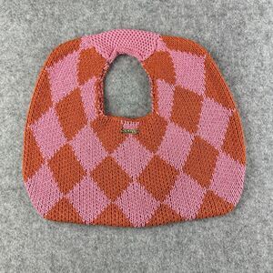Kopari Crochet Handbag Purse Tote Women Pink Orange Checkered Argle Cottage Boho